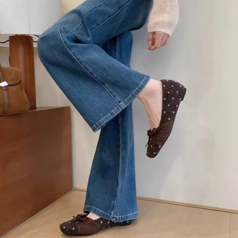Women'S Shoes - Kadın Puantiyeli Yün Babet, Kare Burunlu,