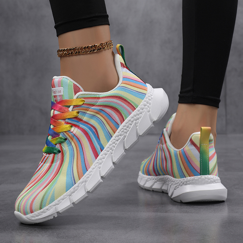 Kadın Gökkuşağı Çizgili Sneake - Knit Fabric Lace Up Sneakers incelemesi ve fiyatı